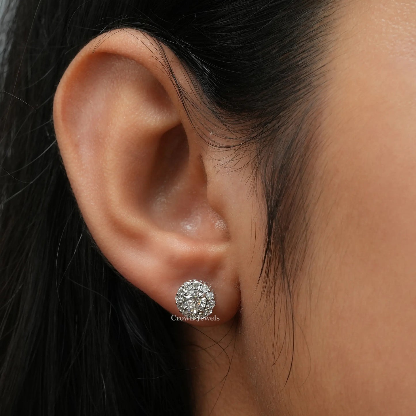Round Cut Halo Diamond  Stud Earrings