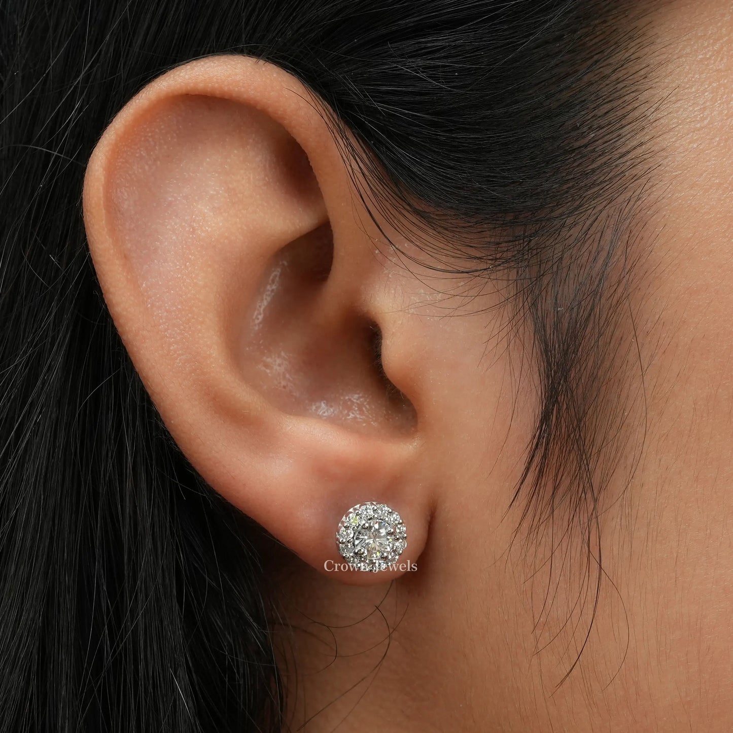 Round Cut Halo Diamond  Stud Earrings