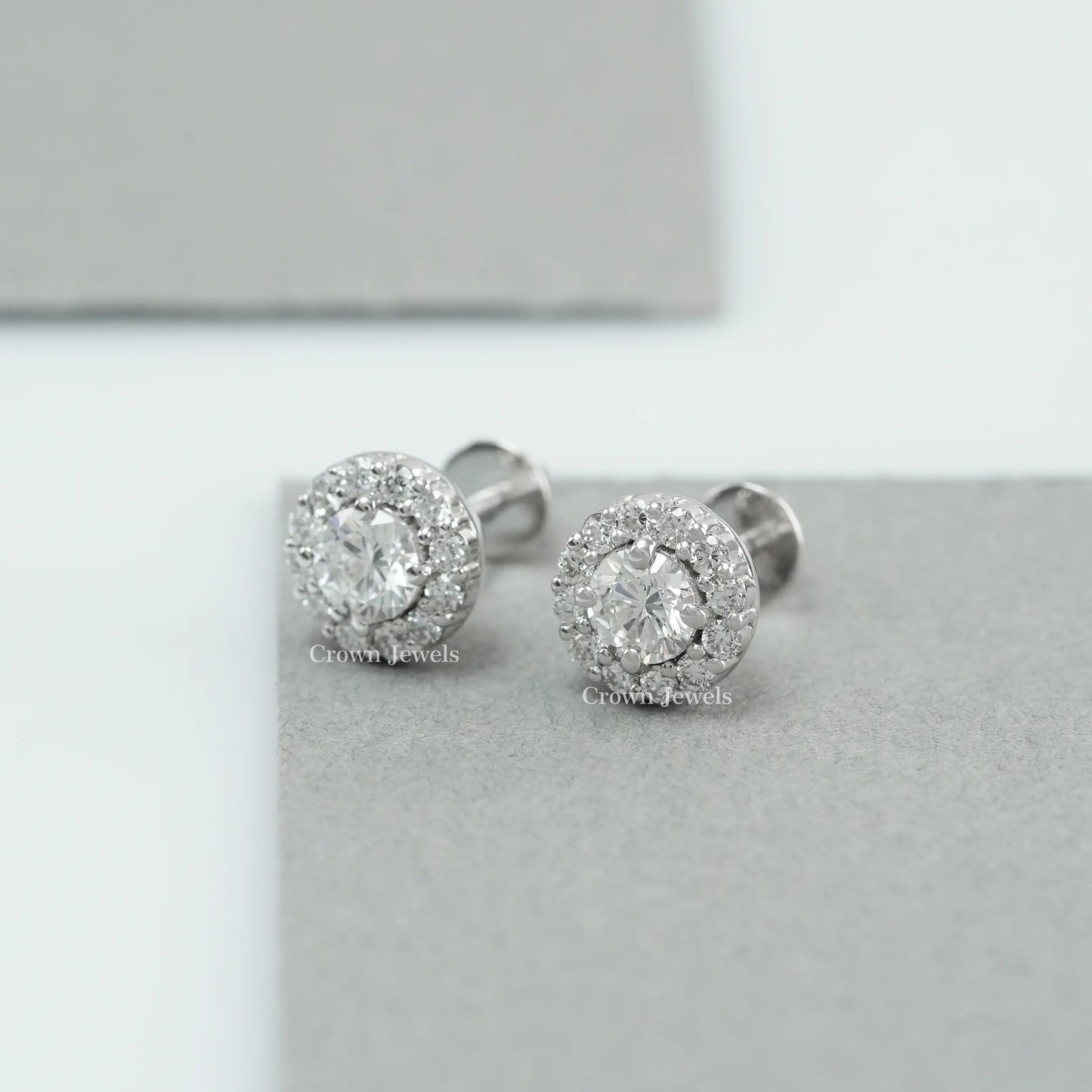 Round Cut Halo Diamond  Stud Earrings