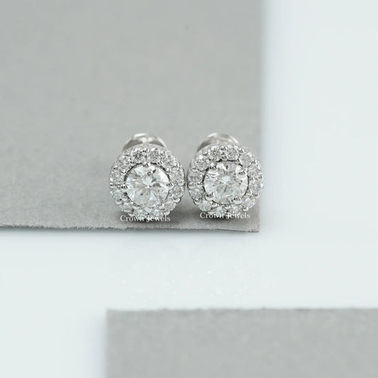 Round Cut Halo Diamond  Stud Earrings